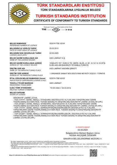 Asd Laminat Kalite Belgesi TS-EN-438-3-TR