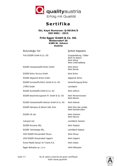 Egger Roma ISO-9001 Kalite Belgesi